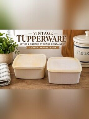 Vintage Tupperware Set of 2 Square Storage Containers with Lids Almond Beige